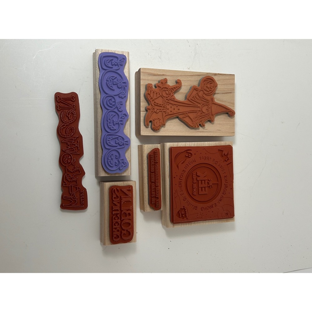 Stampin Up Halloween Wood Mounted Rubber Stamp Set Witch Pumpkin Goblin Eek 6pc - Picture 6 of 10